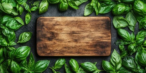 Poster - Empty wooden cutting board set against a background of various sweet basil leaves. Healthy food concept. Top view with copy space.