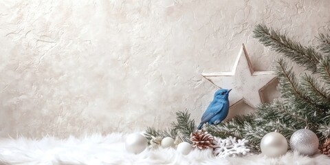 Poster - Frame with a Christmas decorative star, white baubles, a blue bird, and fir tree branches on a white fur background next to a textured wall. Decorative Christmas arrangement. Area for text.