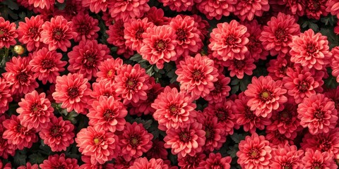 Leinwandbilder - Close-up view from above of red chrysanthemums. A consistent carpet of red flowers for autumn. The natural arrangement of the postcard. A vibrant designer floral backdrop.