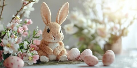 Aufkleber - Easter arrangement, festive home decoration. Handmade craft of a playful bunny rabbit and flowers.