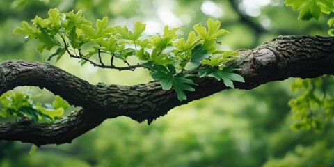 Poster - Oak branch with green foliage in the forest.