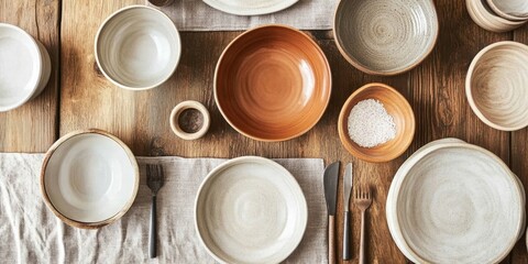 Aufkleber - Empty bowls and plates on the table, dishware and table items.