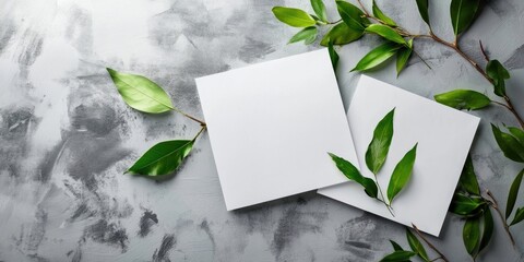 Leinwandbilder - Arrangement of leaves and white watercolor paper sheets on a gray concrete surface. Tree branches with leaves and blank cards. Nature mockup, ecology poster. Top view, flat lay, close-up, copy space.