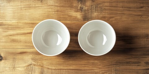 Aufkleber - Kitchenware and dishware idea. A top view of two new white ceramic bowls placed on a wooden table with a background featuring copy space.