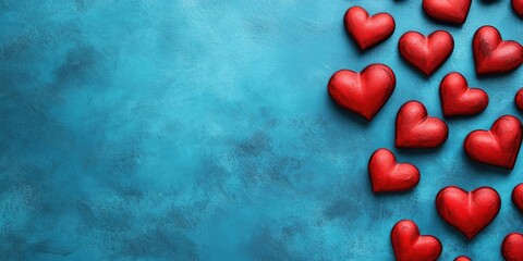 Wall Mural - Valentine's Day backdrop. Red hearts against a blue background. Top view, copy space.