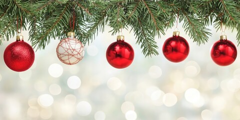 Poster - Christmas decorations featuring red balls hanging on pine branches along with a garland and ornaments against an abstract bokeh background with copyspace.