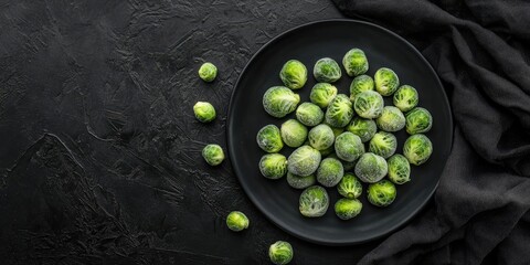 Poster - Top view of frozen brussels sprouts on a black plate and dark fabric, selective focus, horizontal orientation.