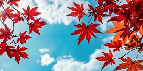 Poster - Bright red autumn leaves on a Japanese maple set against a blue sky, serving as a nature background.