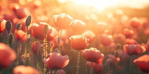 Fototapete - Close-up in a poppy field with the sun. Concept of spring and summer nature background. Shallow depth of field with selective focus.