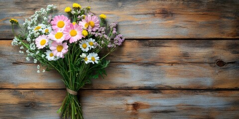 Aufkleber - Rustic wooden table featuring a bouquet of flowers as a mock-up or postcard. Studio photo.