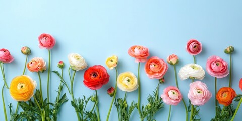 Poster - Colorful ranunculus flowers against a light blue backdrop. Ideas for Mother's Day, Valentine's Day, and birthdays. Top view, copy space for text.