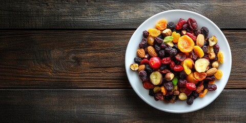 Poster - Dried fruits on a white plate on a wooden table. A combination of various nuts and berries, rich in vitamins. Includes copyspace for text.