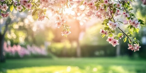 Poster - Landscape background image featuring cherry tree blossoms hanging in a spring garden.
