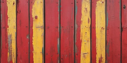 Leinwandbilder - Close-up of a red background texture featuring a painted rustic wooden panel with vertical lines and horizontal yellow bars.