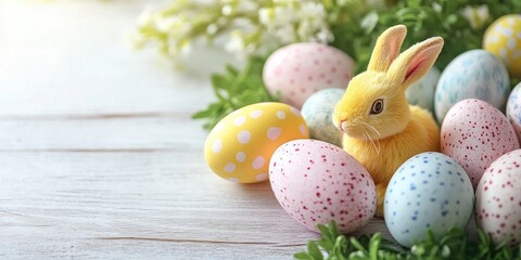 Aufkleber - Colorful pastel Easter eggs on a rustic white wooden background, adorned with a yellow rabbit, captured up close with shallow depth. Happy Easter card.
