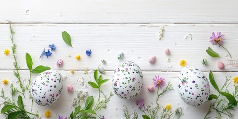 Aufkleber - Easter Eggs with Spring Flowers on a White Wooden Surface
