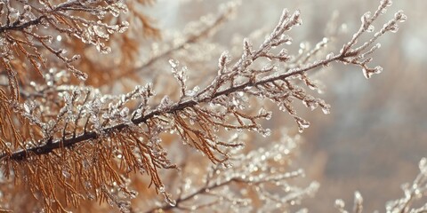Poster - Frost-covered branches of Metasequoia, dressed in shimmering brown, embody the beauty of winter's icy grip.