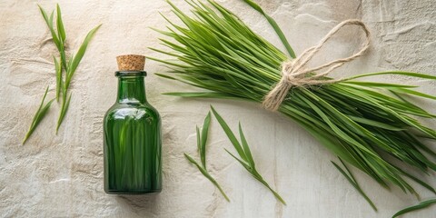 Poster - Fresh wheatgrass, a bottle, and twine on a light backdrop.