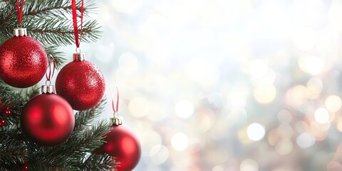 Poster - Christmas decorations featuring red balls hanging on pine branches along with a garland and ornaments against an abstract bokeh background with copyspace.