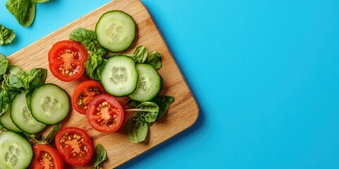 Aufkleber - Cucumber and tomato salad on a wooden cutting board with a bright blue background. Artistic arrangement. Top view. copy space.