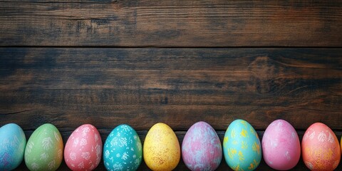 Poster - Colorful Easter eggs banner along the bottom border, vintage rustic wood background, flat lay design, top view with copy space.