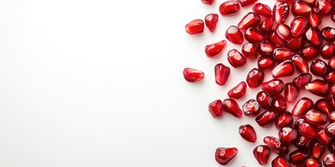 Poster - Numerous ripe, juicy pomegranate seeds on a white background, top view. Copyspace available for text.