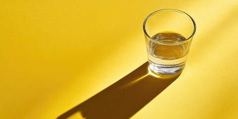 Poster - Long shadows cast by a water glass on a yellow background with copyspace. Top view.
