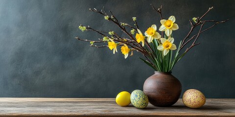 Aufkleber - Easter arrangement featuring willow and daffodil on a wooden table.