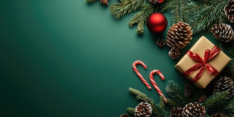 Leinwandbilder - Top view of the Christmas and New Year holidays theme featuring pine cones, a gift box, candy cane, Christmas ball, and festive decorations on a green paper background with copy space.