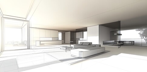 Aufkleber - Architectural sketch of modern open-plan living space with kitchen and outdoor access.