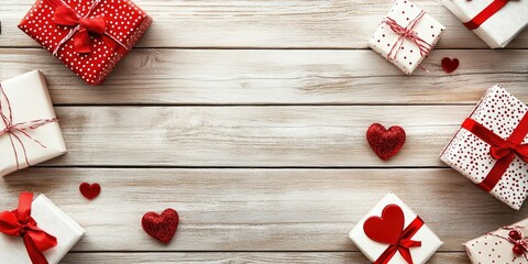 Poster - Valentine's Day gift boxes background, a frame for holiday greeting cards, old wooden table flat lay, top view, copy space banner.