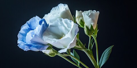 Leinwandbilder - Blue and white lisianthus flower macro, vintage fine art still life featuring blooms, buds, stem, green leaves, pollen, and a black background.