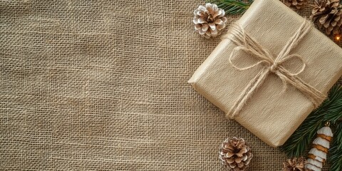 Leinwandbilder - Composition for Christmas with copy space. Gifts and decorations on a hemp cloth background. New Year concept and Christmas.