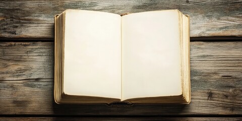 Poster - The white book on a wooden background with space for text represents knowledge and information.