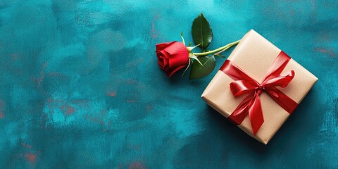 Poster - A red rose and a ribboned gift box are on a table with a blue background. This is a high angle view. Flat lay. Copy space available for text.