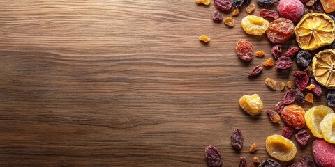 Aufkleber - Flat lay arrangement featuring various dried fruits on a wooden surface, with space for text. Healthy lifestyle.