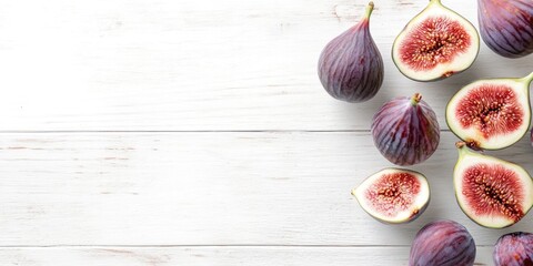 Canvas Print - Fresh figs on a white wooden surface, top view. Viewed from above, overhead. Copy space.