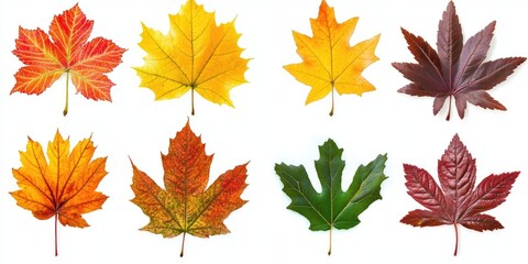 Poster - A collection of autumn leaves set against a white background. Vibrant maple leaves. Foliage.