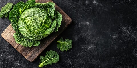 Poster - Fresh, healthy savoy cabbage cut on a cutting board. Black background. Top view.