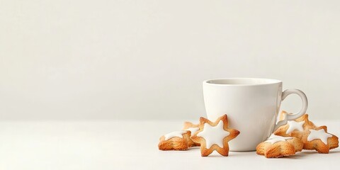 Aufkleber - Morning white coffee cup, biscuits Glazed stars and Christmas ornaments, on a high-key white background, copy space.