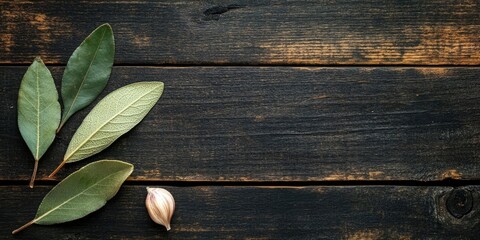Poster - Bay leaf and garlic branch on a dark, aged wooden background with copy space.