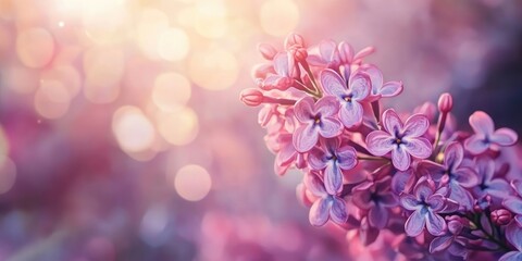 Fototapete - Lovely lilac flowers in bloom with a blurred background, closeup. Room for text.