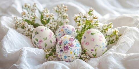 Aufkleber - Easter eggs adorned with flowers on white linen fabric. Concept of spring and Easter.