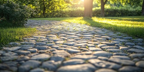 Poster - Cobblestone walkway in the park with some green grass nearby. Empty copy space for Editor's text. Sunlight.