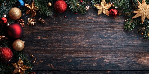 Poster - Stunning festive Christmas backdrop. New Year's celebrations. Christmas festivities. Gorgeous Christmas decorations on a wooden surface. Digital technology. Tablet copyspace text.