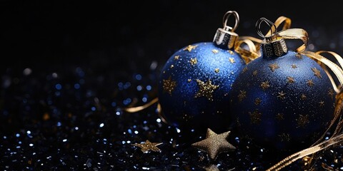 Poster - Christmas blue baubles adorned with ribbon and stars set against a black background. New Year decoration art design.