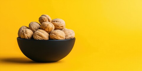 Aufkleber - Walnuts in a black bowl on a vibrant yellow plain background, top view, copyspace available.