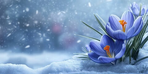 Poster - Dark blue crocus flowers in spring beneath the snow, with copy space on a blurred garden background.