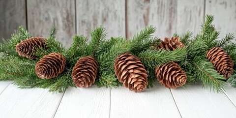 Poster - Christmas decoration backdrop: pine and cypress cones with branches on a white wooden table.