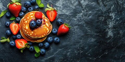 Aufkleber - Healthy breakfast arrangement featuring blueberry pancakes and strawberries on a stone table background.